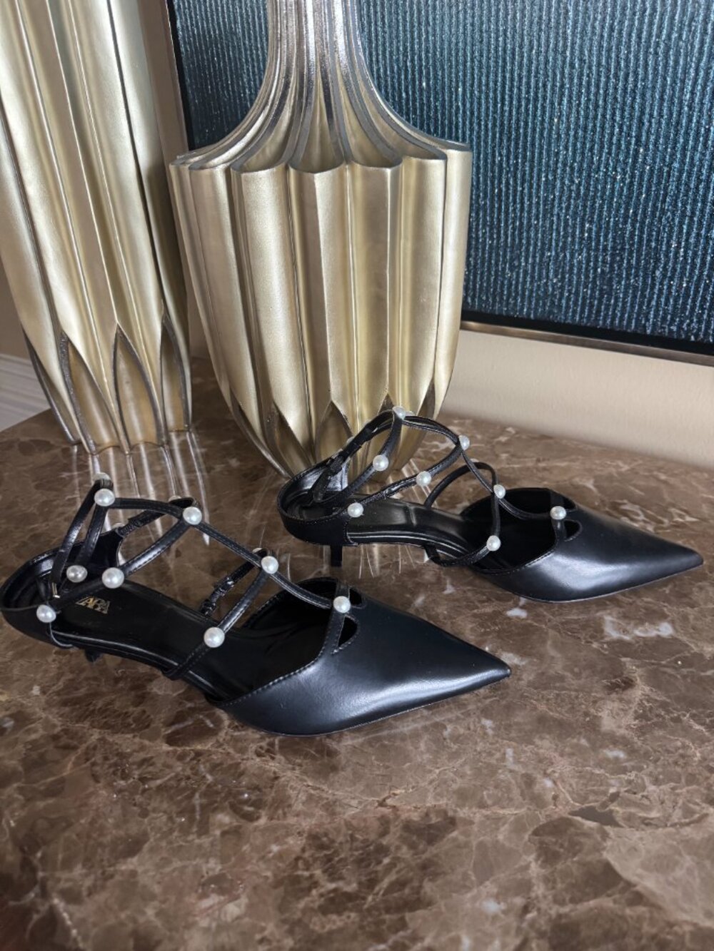 "Consigning Soon" NWOT Zara Black Pearl Strap Kitten Heel - Picture 4 of 6
